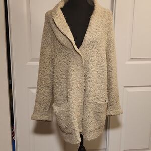 Button front v neck pocketed fluffy cardigan